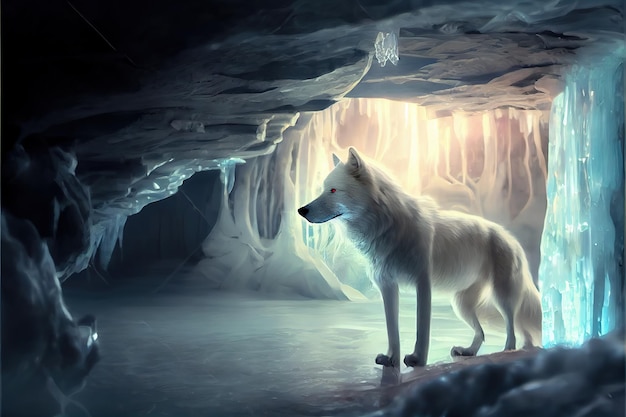 A beautiful white wolf in an ice cave