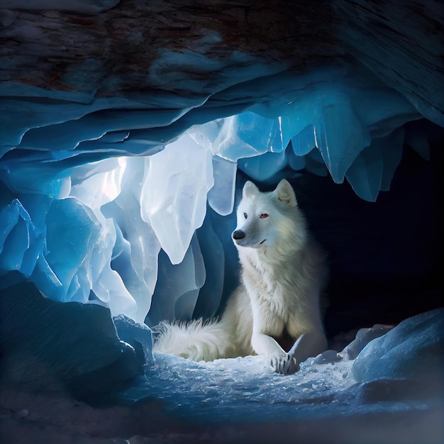 A beautiful white wolf in an ice cave