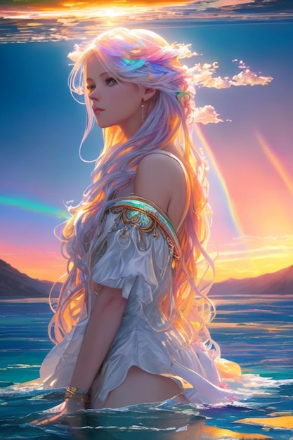美しい白人女性 アルコイリスの髪 完璧な顔 完璧な目 レイトレースされた日没のレンダリング