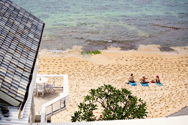 Beautiful white wood balcony of the beach villa on Bingin beach, Pecatu, Bali, Indonesia