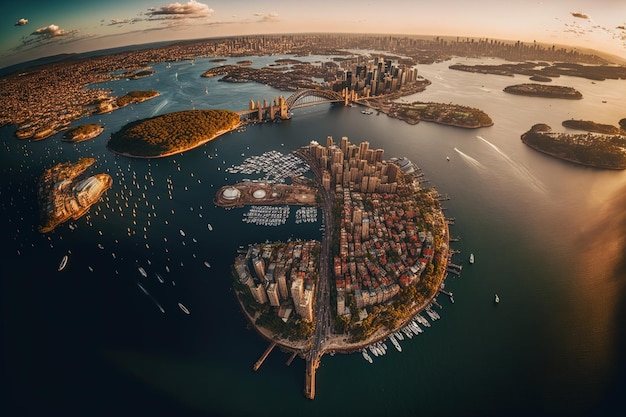 Beautiful wide angle panoramic aerial drone shot of Sydney Australias cityscape