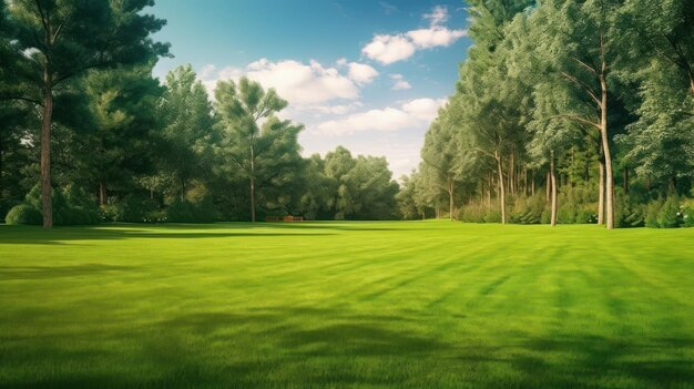 Beautiful wide format image of a manicured country lawn surrounded by trees and shrubs on a bright summer day spring summer nature