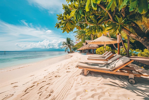 Красивый широкий открытый песчаный пляж с пляжными кроватями летняя концепция