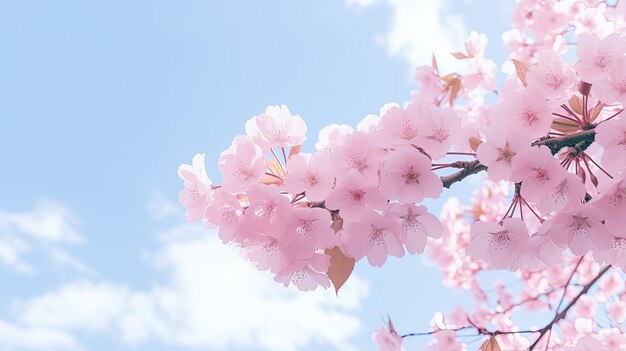 澄んだ空の下でピンクの桜の花や桜の美しいワイドショット