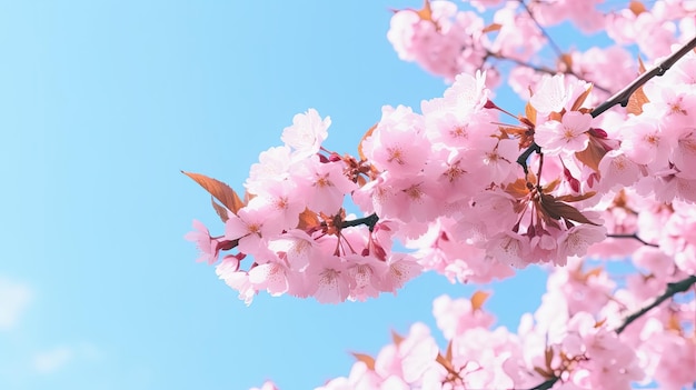 beautiful wide shot of pink sakura flowers or cherry blossoms under a clear sky