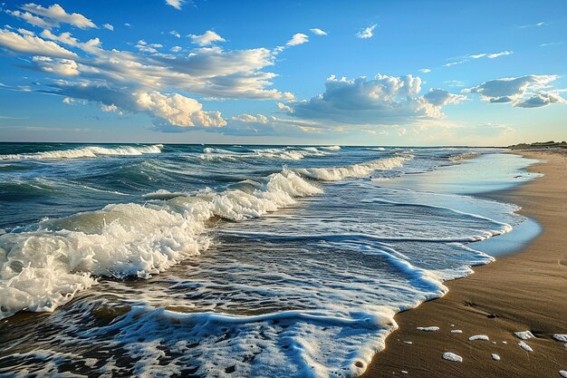 素晴らしい海の波と青い空の砂浜の美しい広いショット