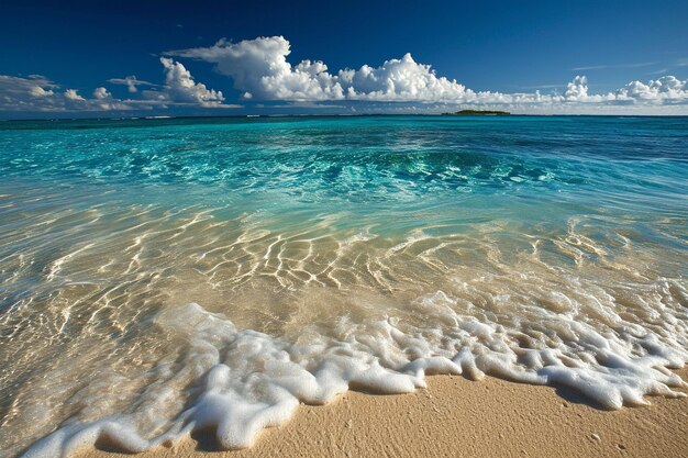 Foto una bellissima foto ampia di una spiaggia di sabbia con incredibili onde dell'oceano e cielo blu