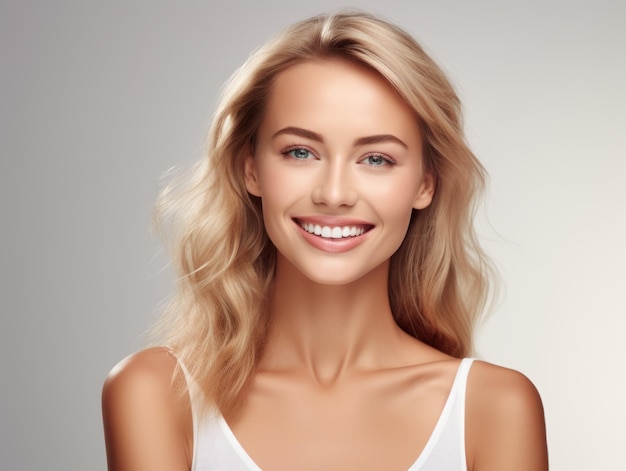 Beautiful wide smile of healthy woman white teeth close up