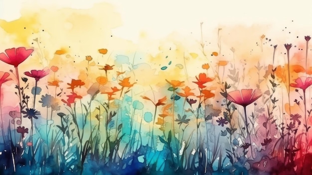 Photo beautiful wild different flowers in nature in watercolor style