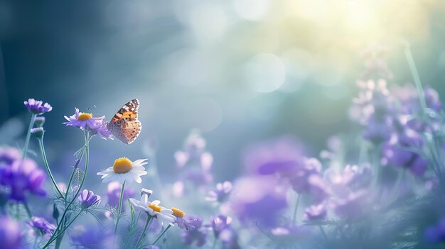 Beautiful wild flowers chamomile purple wild peas butterfly in morning haze in nat Generative AI