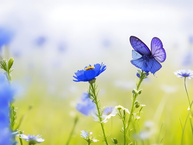 Beautiful wild flowers chamomile purple wild peas butterfly in morning haze in nature closeup mac