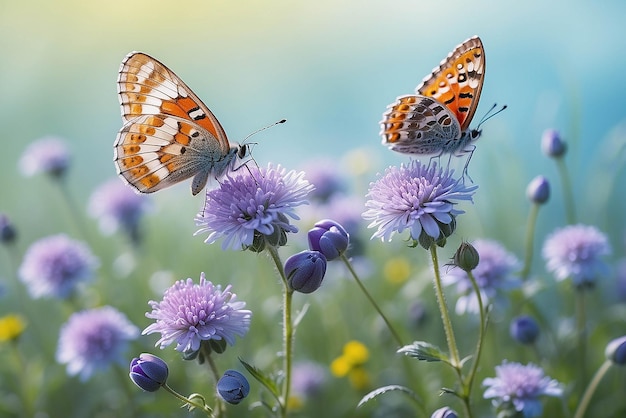 美しい野生の花 カモミール 紫 野生のエンドウ豆 蝶の朝の霧 自然のクローズアップ マクロ ランドスケープ ワイドフォーマット コピー スペース 涼しい青い色彩 美しい牧草の空気のある芸術的な画像