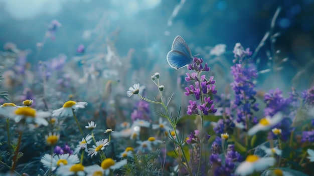 Beautiful wild flowers chamomile purple wild peas butterfly in morning haze in nature closeup macro Landscape wide format copy space cool blue tones Delightful pastoral airy artistic image