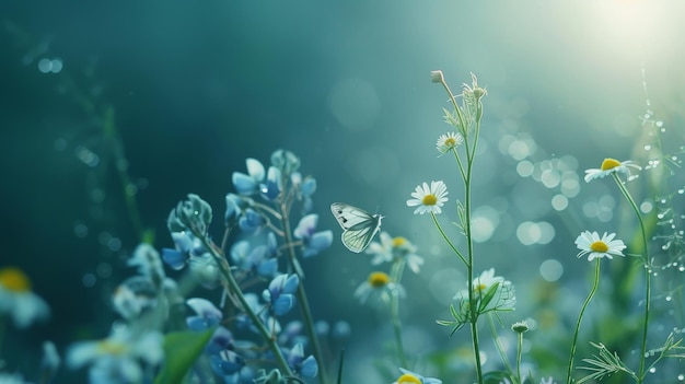 美しい野生の花 カモミール 紫 野生のエンドウ豆 蝶の朝の霧 自然のクローズアップ マクロ ランドスケープ ワイドフォーマット コピー スペース 涼しい青い色彩 美しい牧草の空気のある芸術的な画像