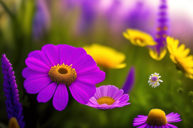 Beautiful wild flowers chamomile purple wild peas butterfly in morning haze in nature closeup