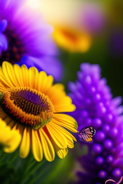 Beautiful wild flowers chamomile purple wild peas butterfly in morning haze in nature closeup