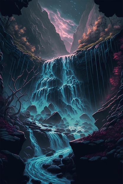 Beautiful wild nature landscape with waterfall and river from high mountains Created with Generative AI technology