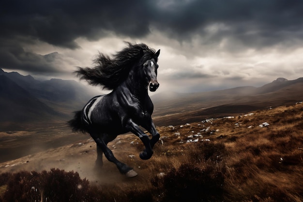 beautiful wild shiny black stallion horse