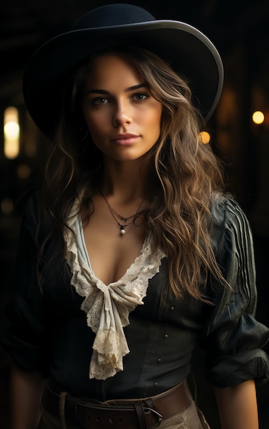 Beautiful Wild West woman in cowboy style outfit