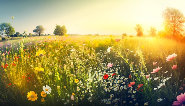 Beautiful wildflower meadow landscape illustration