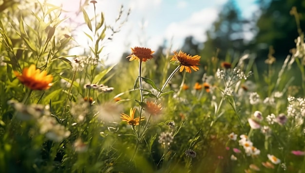 Beautiful wildflowers on a green meadow warm summer evening beautiful sunlight magical landscape of