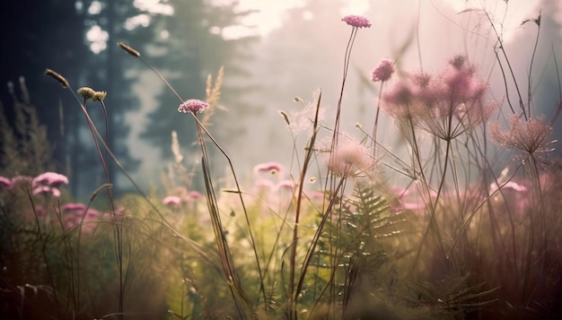 Beautiful wildflowers on a green meadow warm summer evening beautiful sunlight magical landscape of