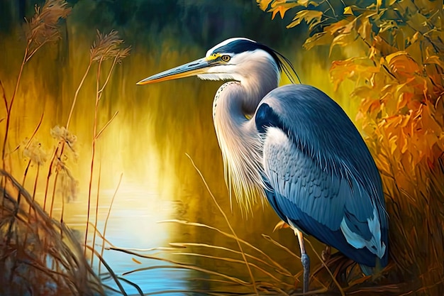 Beautiful wildlife heron with blue plumage in sunny clearing generative ai