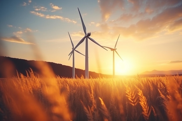 Beautiful wind turbines generating clean energy in a picturesque field on a sunny day