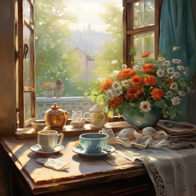 beautiful window in the morning with a cup and flowers