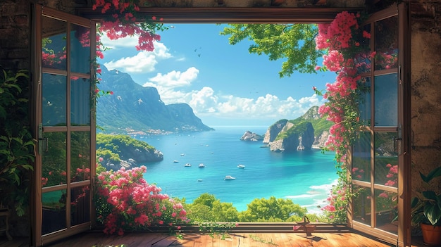 beautiful window we can see sea AI generative