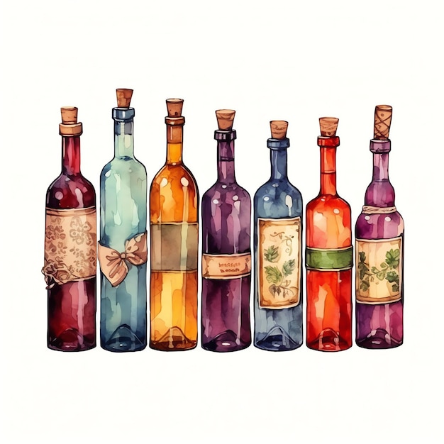 Photo beautiful wine bottles watercolor vintage country kitchen clipart illustration