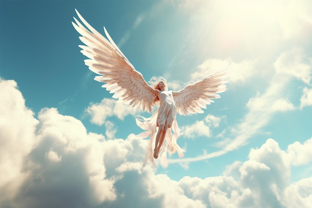 Прекрасный крылатый ангел летит изящно