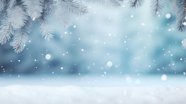 Beautiful winter background image of frosted spruce branches and small drifts of pure snow