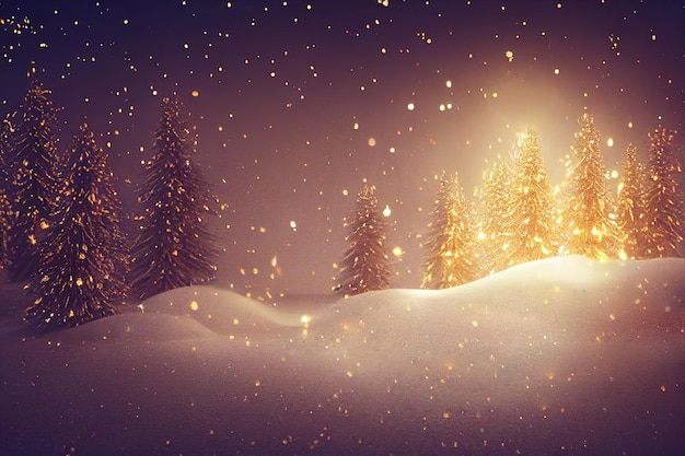 Beautiful winter background for Merry Christmas and Happy New Year with fluffy snowdrifts against background of night winter forest falling snow Digital illustration