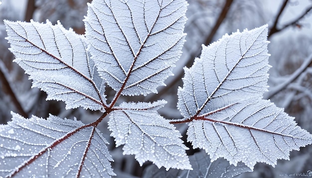 아름다운 겨울 배경과 잎은 눈에 자연에서 hoarfrost로  ⁇ 여 있습니다