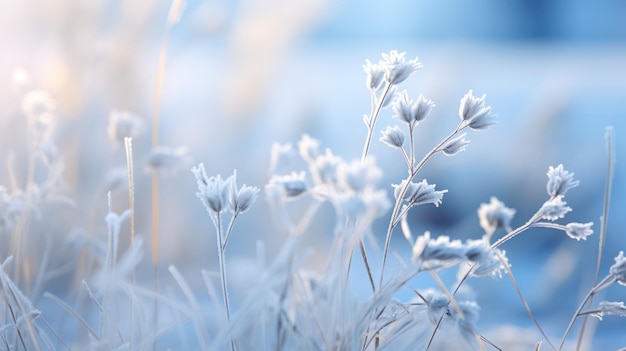 Beautiful winter background with plants covered with hoarfrost