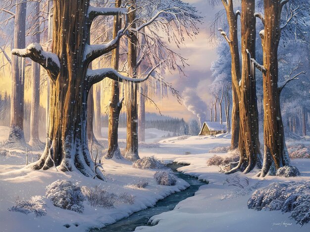 Фото Красивый зимний рассвет в буковом лесу