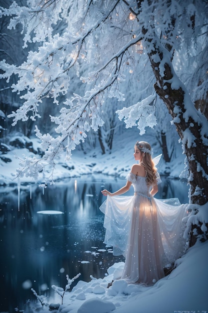 Foto bellissimo ritratto della principessa delle fate invernali di una ragazza donna nel magico mondo di ghiaccio e fiocchi di neve