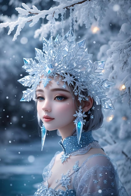 Foto bellissimo ritratto della principessa delle fate invernali di una ragazza donna nel magico mondo di ghiaccio e fiocchi di neve