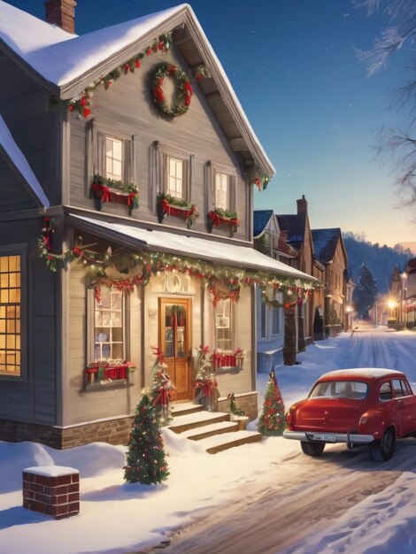 Beautiful winter house and christmas tree on the mountain