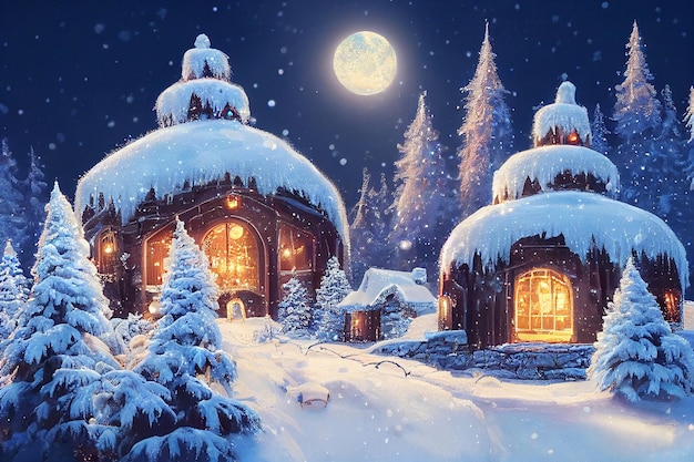 산에 아름다운 겨울 집과 크리스마스 트리