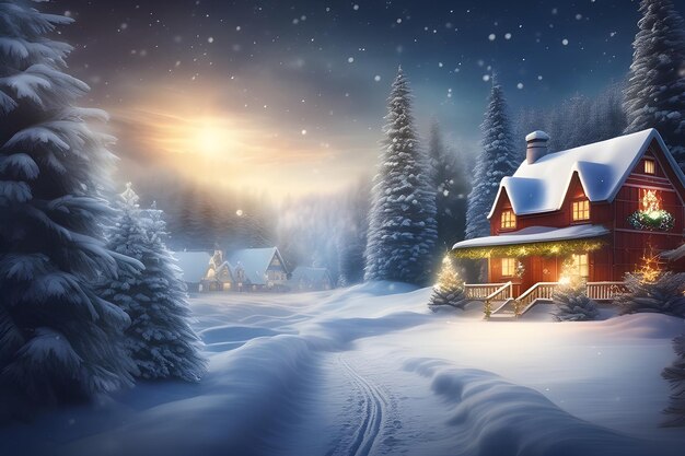 Beautiful winter house and christmas tree on the mountain