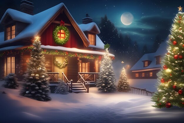 Beautiful winter house and christmas tree on the mountain