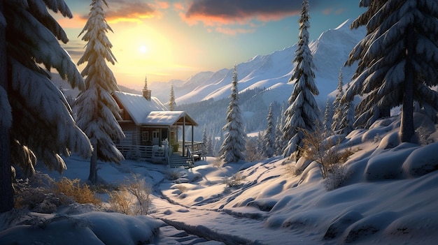 見事な高山の風景の中にある美しい冬の小屋 冬景色 AI 生成画像