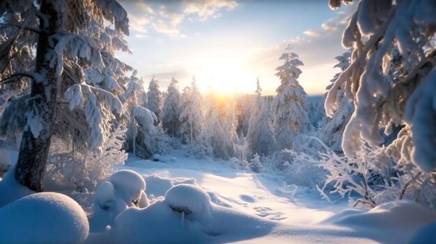 Beautiful winter landscape forest glade with snowcovered tree in hoarfrost