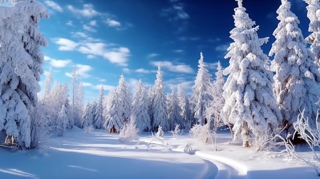 Beautiful winter landscape forest glade with snowcovered tree in hoarfrost