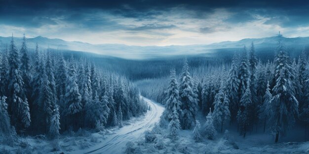 위에서 볼 수 있는 아름다운 겨울 풍경 숲과 도로의 모습