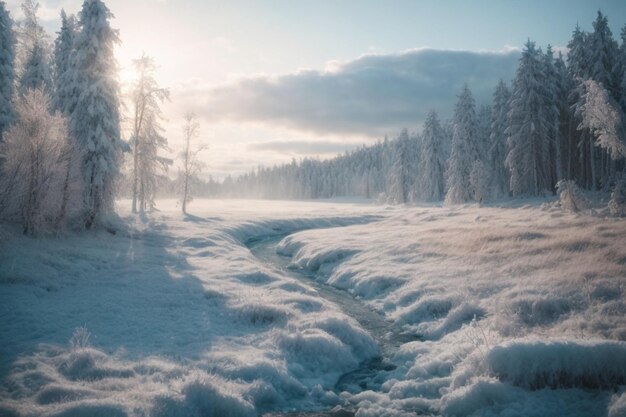 Beautiful winter landscape frosty trees in the snowy forest