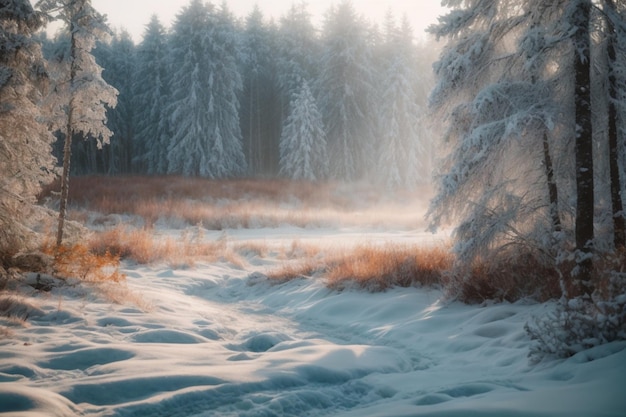 Beautiful winter landscape Frosty trees in the snowy forest