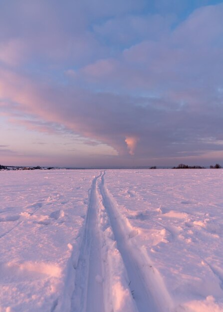 Beautiful winter landscape Orange purple sunset bright winter morning